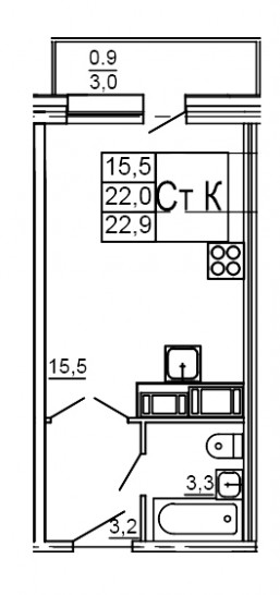 Студия 22.9 м²
