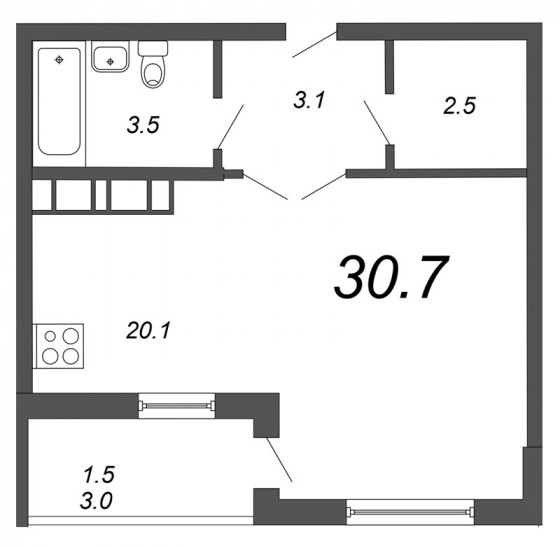 Студия 30.7 м²