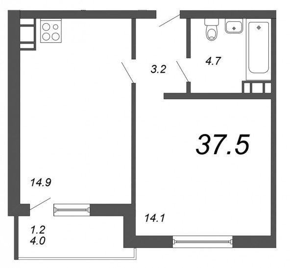 Однокомнатная квартира 37.5 м²