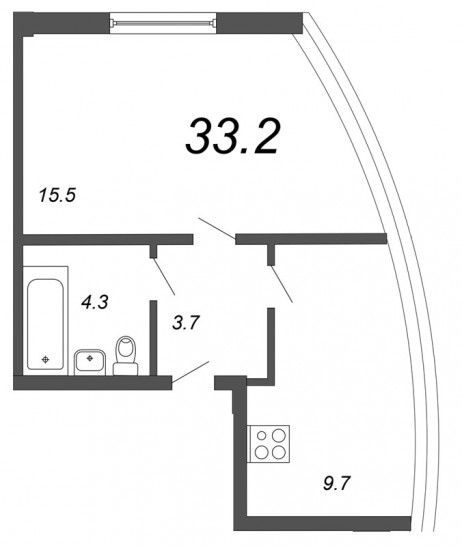 Однокомнатная квартира 33.2 м²