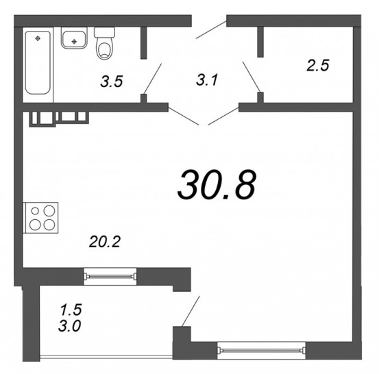 Студия 30.8 м²