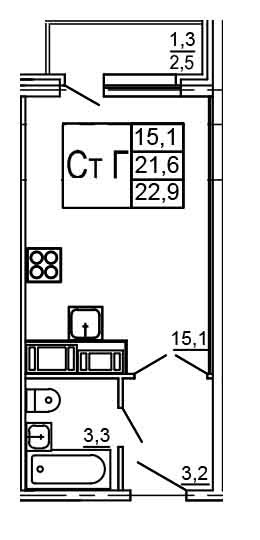 Студия 22.9 м²