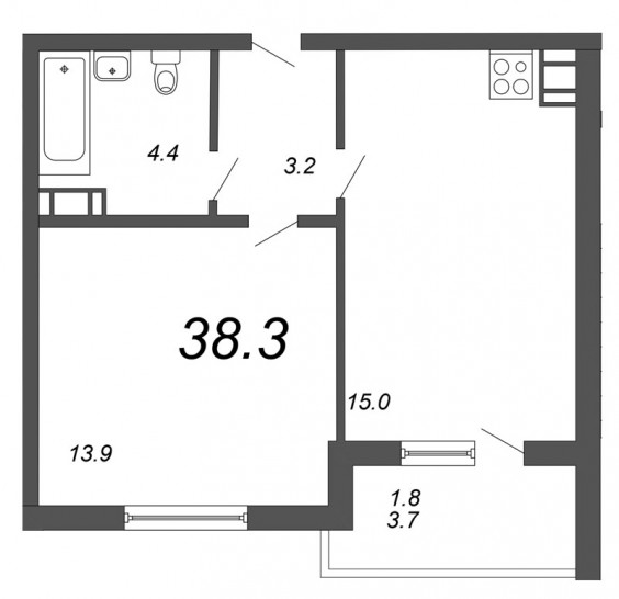 Однокомнатная квартира 38.2 м²