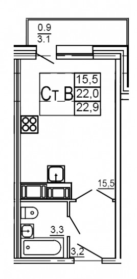 Студия 22.9 м²