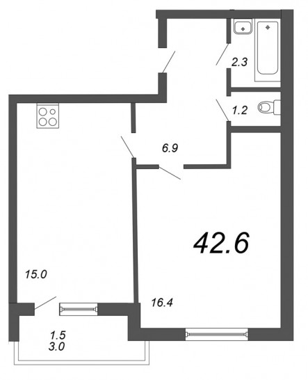 Однокомнатная квартира 42.6 м²