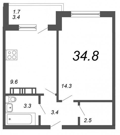 Однокомнатная квартира 34.8 м²