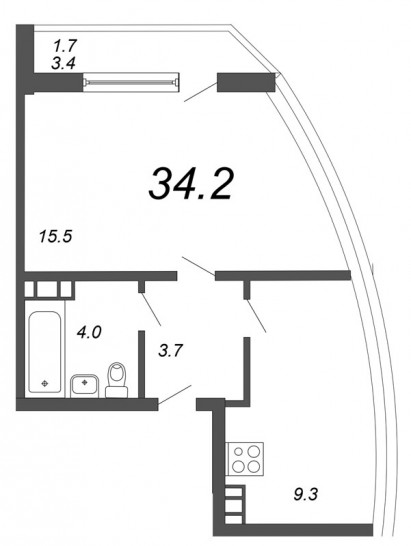 Однокомнатная квартира 34.2 м²