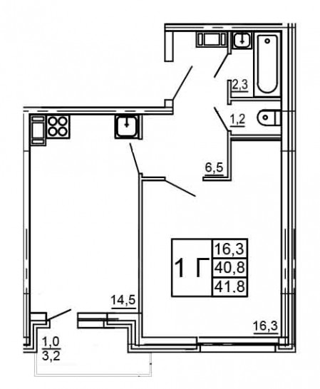 Однокомнатная квартира 41.8 м²