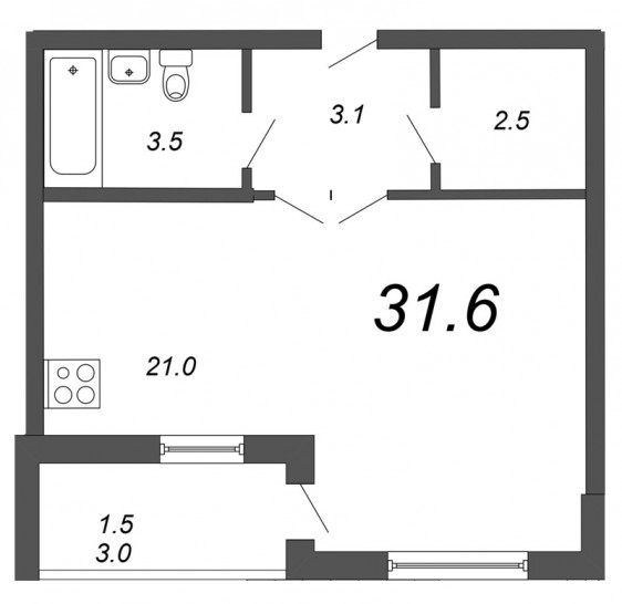 Студия 31.6 м²