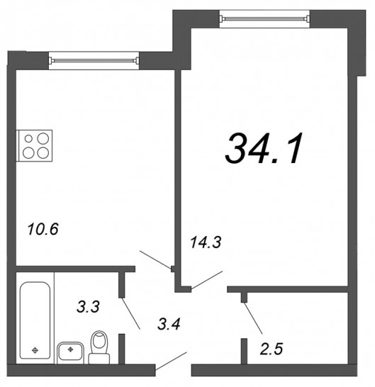 Однокомнатная квартира 34.1 м²