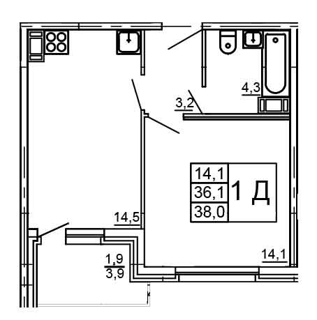 Однокомнатная квартира 38 м²