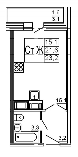 Студия 23.2 м²