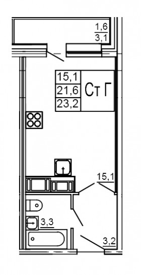 Студия 23.2 м²
