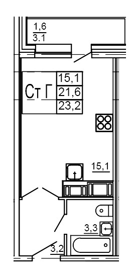 Студия 23.2 м²