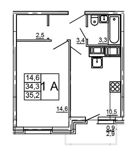 Однокомнатная квартира 35.2 м²