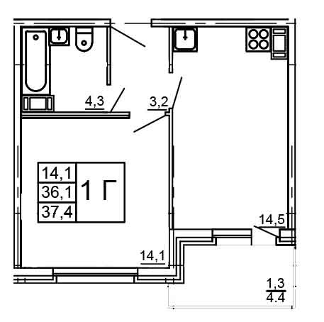 Однокомнатная квартира 37.4 м²