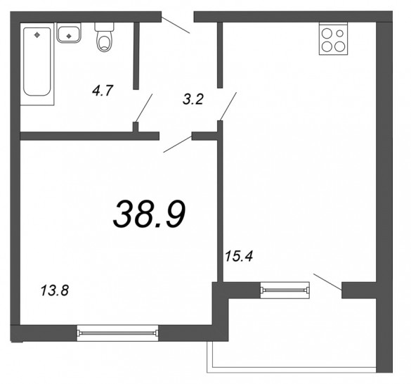 Однокомнатная квартира 38.9 м²