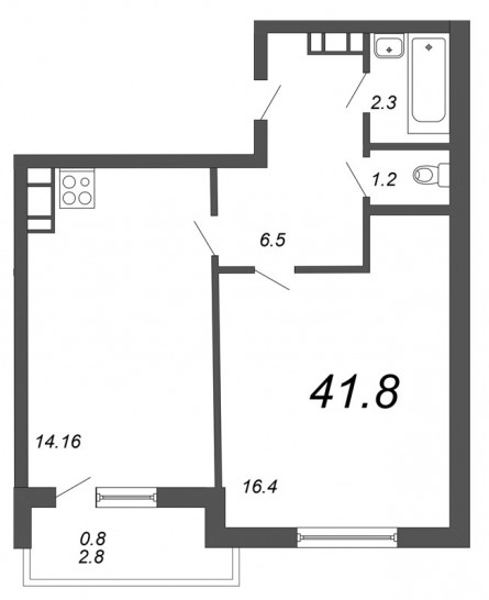 Однокомнатная квартира 41.8 м²