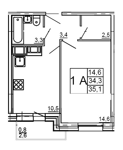 Однокомнатная квартира 35.1 м²
