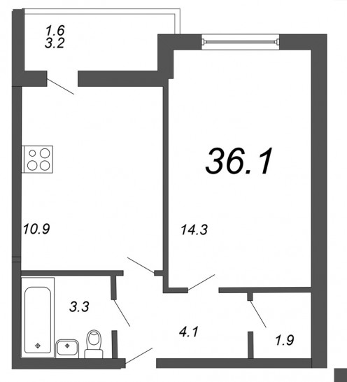 Однокомнатная квартира 36.1 м²