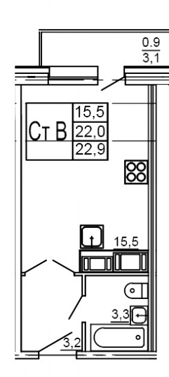 Студия 22.9 м²