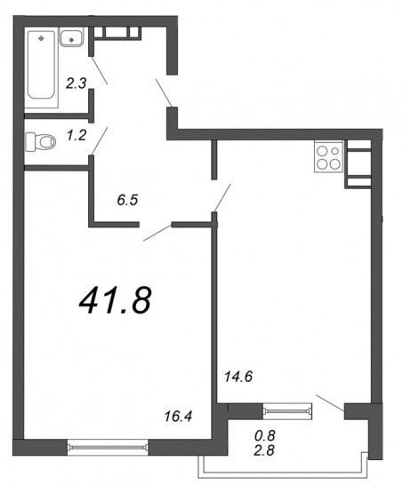 Однокомнатная квартира 41.8 м²