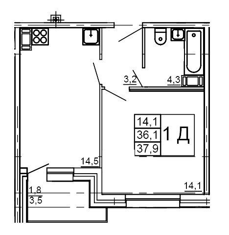 Однокомнатная квартира 37.9 м²