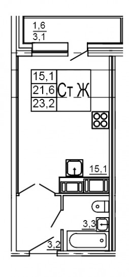 Студия 23.2 м²
