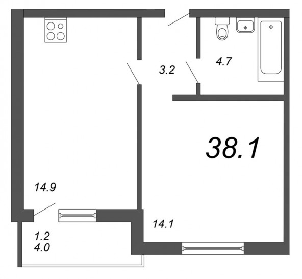Однокомнатная квартира 38.1 м²