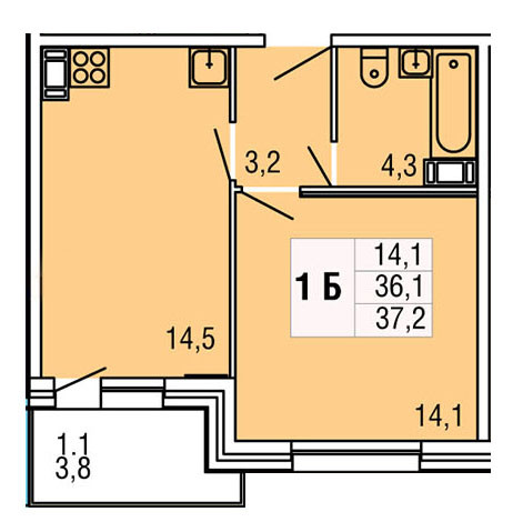 Однокомнатная квартира 37.2 м²