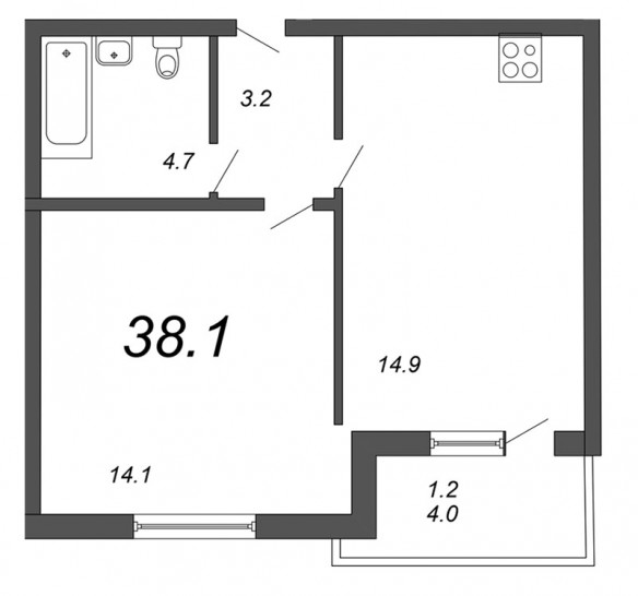 Однокомнатная квартира 38.1 м²