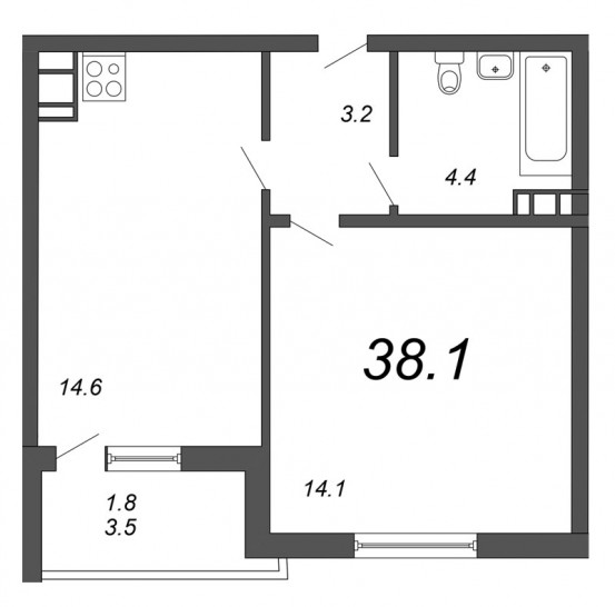 Однокомнатная квартира 38.1 м²