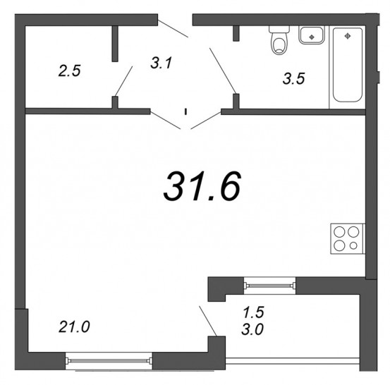 Студия 31.6 м²
