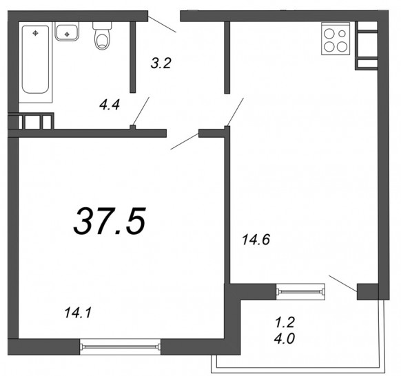 Однокомнатная квартира 37.5 м²