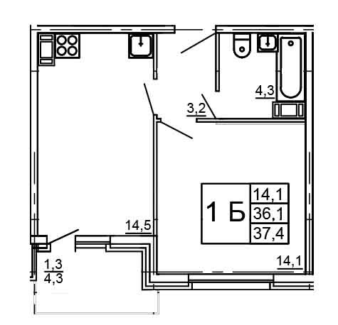 Однокомнатная квартира 37.4 м²