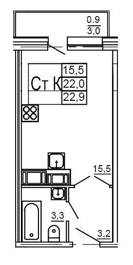 Студия 22.9 м²