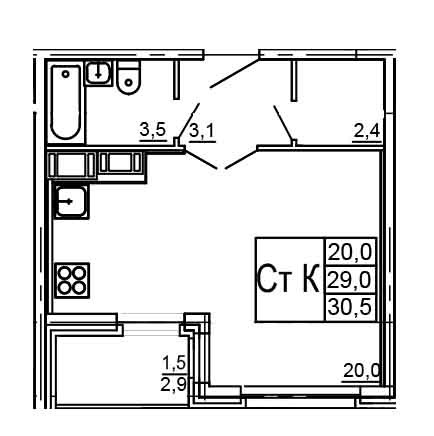 Студия 30.5 м²