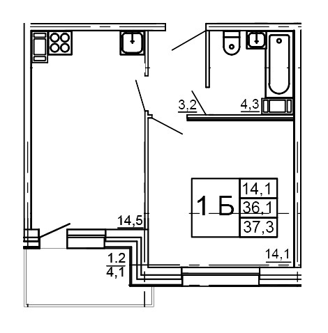 Однокомнатная квартира 37.2 м²