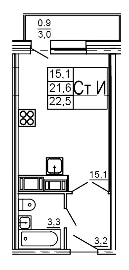 Студия 22.5 м²