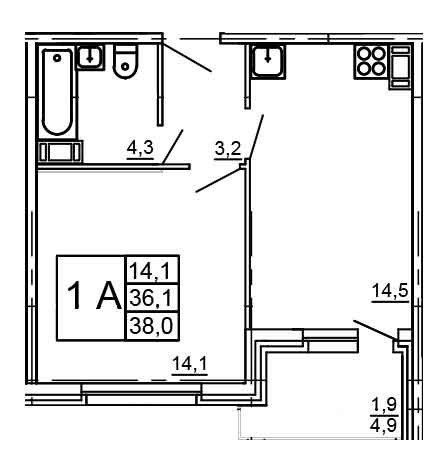 Однокомнатная квартира 38 м²