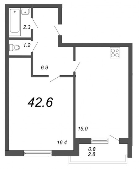 Однокомнатная квартира 42.6 м²