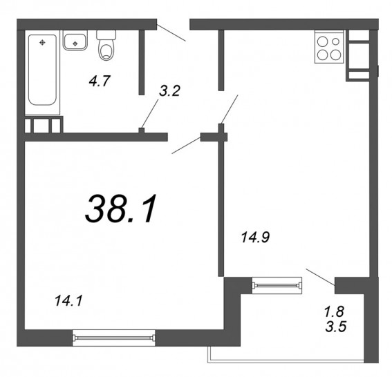 Однокомнатная квартира 38.1 м²