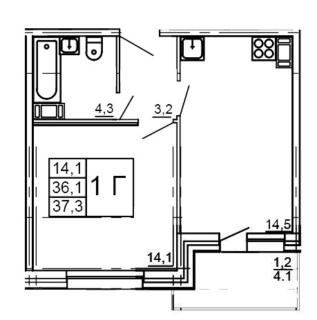 Однокомнатная квартира 37.3 м²