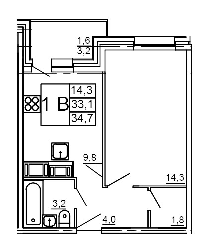 Однокомнатная квартира 34.7 м²
