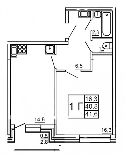 Однокомнатная квартира 41.6 м²