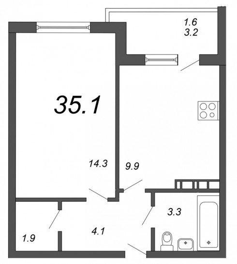 Однокомнатная квартира 35.1 м²
