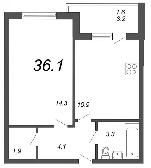 Однокомнатная квартира 36.1 м²