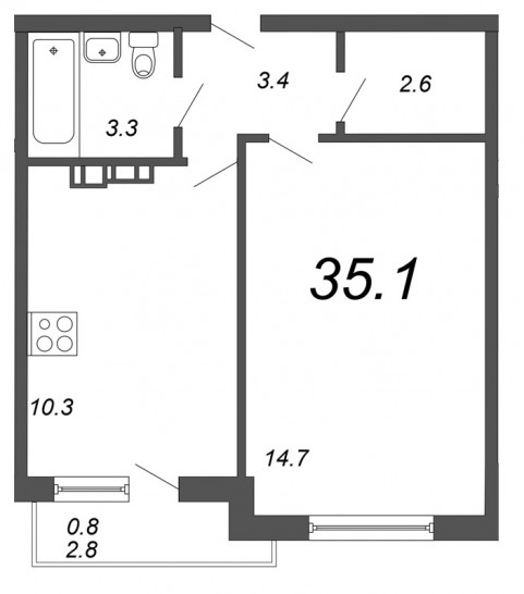Однокомнатная квартира 35.1 м²