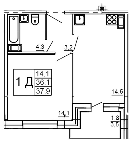 Однокомнатная квартира 37.9 м²
