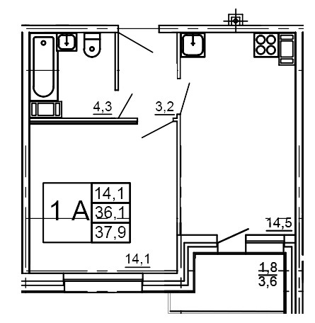Однокомнатная квартира 37.9 м²